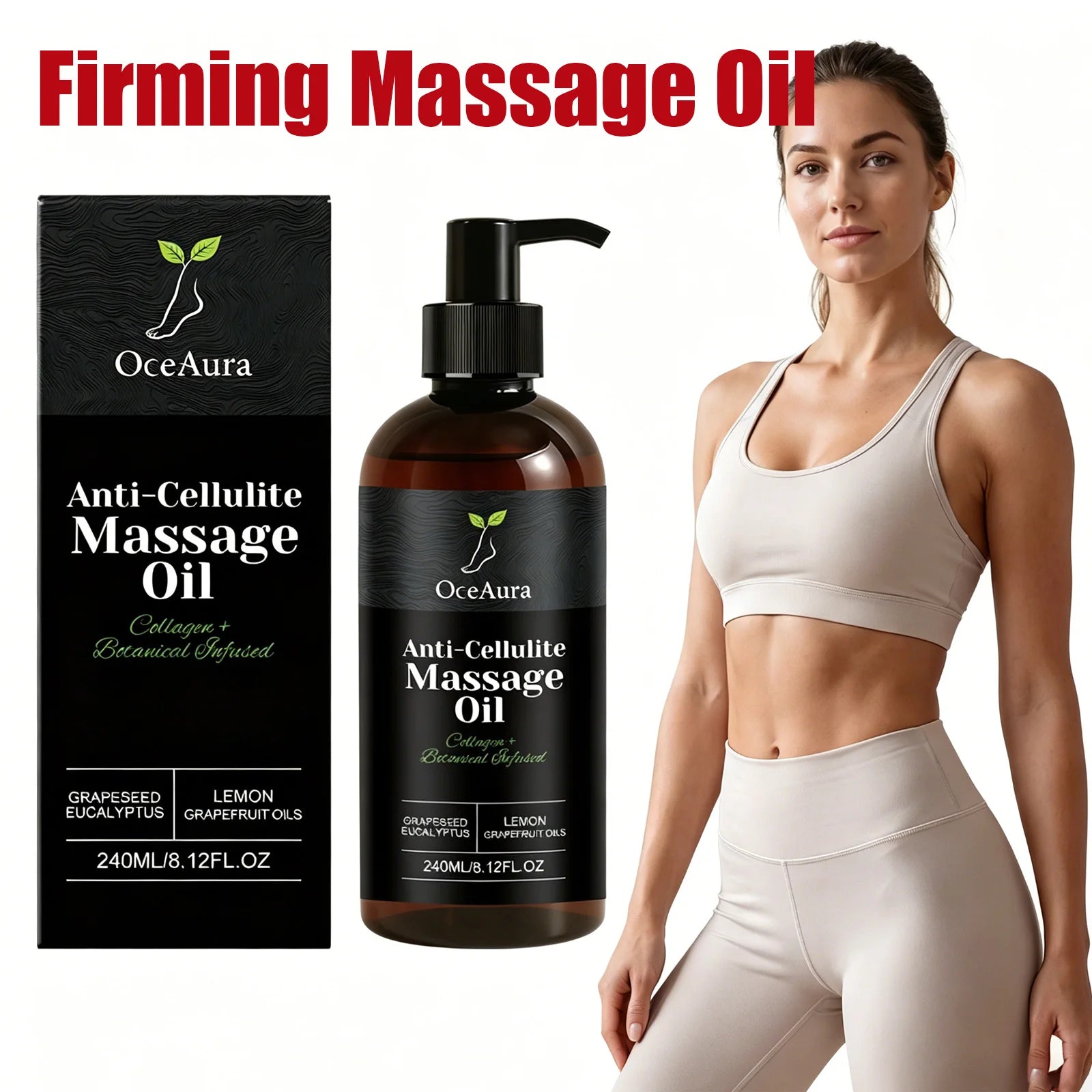 A bottle and box of Collagen Firming Massage Oil Thigh Firming Nourishing Dry Skin Glowing Soothing Smoothing Tightening Body Oil for Daily Use are shown beside a woman in beige activewear, with text highlighting natural oils like grapeseed and citrus.