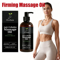 A bottle and box of Collagen Firming Massage Oil Thigh Firming Nourishing Dry Skin Glowing Soothing Smoothing Tightening Body Oil for Daily Use are shown beside a woman in beige activewear, with text highlighting natural oils like grapeseed and citrus.