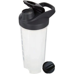A clear, chemical-free 28 oz shaker bottle for protein shakes by FEB.WIND, featuring measurement markings, a black flip-top lid, a removable ball blender whisk beside it, and a handle. Made in Mainland China.