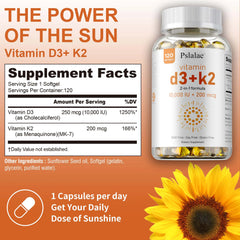 Image of a Vitamin D3 with K2 bottle. Highlights benefits: heart and bone health, sleep support, improved immunity, and overall well-being. Includes supplement facts, sunflower, and reminder: 1 capsule daily for your sunshine vitamin.