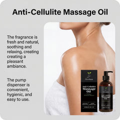 A woman with smooth skin has her back turned beside a bottle and box of Collagen Firming Massage Oil. Text highlights its fresh fragrance, hydrating nourishing formula, and the convenience of its pump dispenser for daily use.