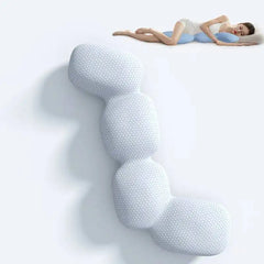 A woman lies on her side, hugging the Memory Foam Hold In Bed Sleeping Body pillow for pregnant women, featuring four large sections, ergonomic support, a hexagonal pattern, and a removable, washable ice silk cover.