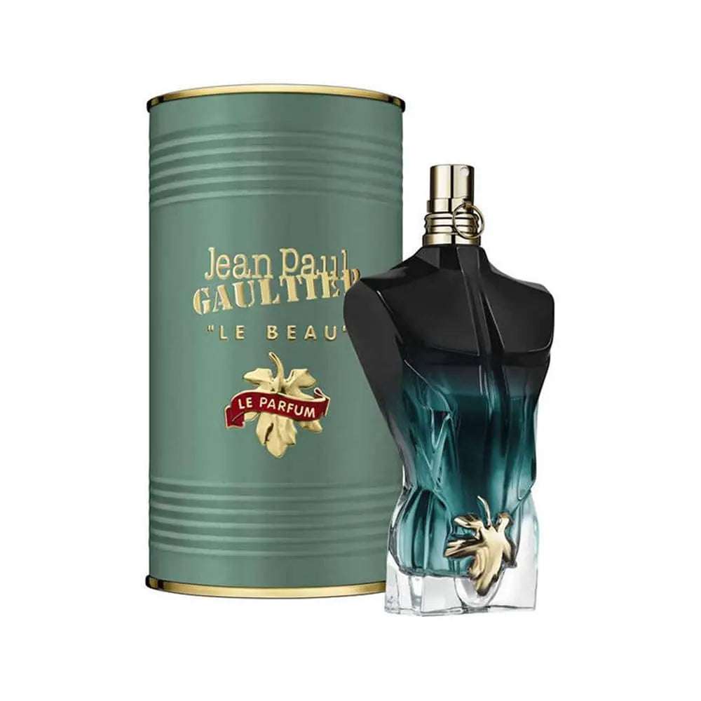 The Jean Paul Gaultier Les Males De Le Beau Le Parfum Eau De Parfum Powerful Perfume 125ml features a dark green and gold male torso bottle beside its green, gold, and red cylindrical box—a striking addition to the iconic unisex fragrance line.