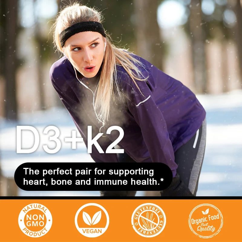 A woman in athletic wear rests outdoors on a snowy day. Text reads: Vegetarian Vitamin D3K2 Capsules—support immune system, heart health, strong bones, and relaxation. Icons: Non-GMO, Vegan, Gluten-Free, Organic.