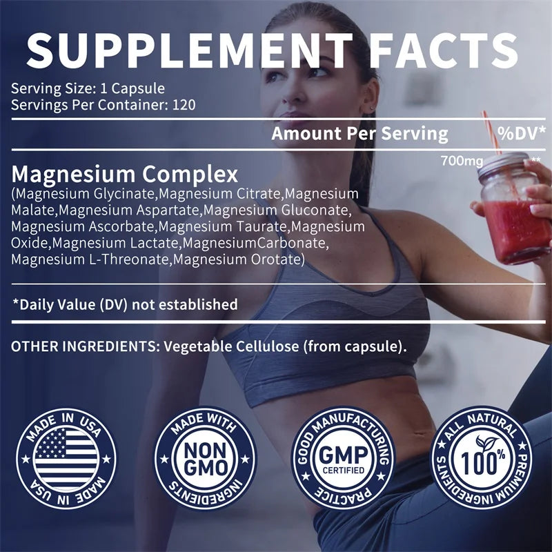 Supplement Facts label for Magnesium Complex Capsules—Bone & Heart Health, Sleep Support, Muscle Relaxation, Stress & Anxiety Relief. Showcases Magnesium Glycinate blend. Icons: Made in USA, Non-GMO, GMP Certified, All Natural. Unisex capsules and a person with a red drink included.