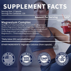 Supplement Facts label for Magnesium Complex Capsules—Bone & Heart Health, Sleep Support, Muscle Relaxation, Stress & Anxiety Relief. Showcases Magnesium Glycinate blend. Icons: Made in USA, Non-GMO, GMP Certified, All Natural. Unisex capsules and a person with a red drink included.
