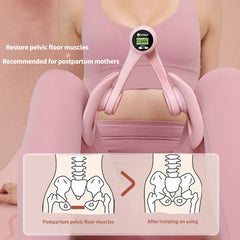 A person in pink workout clothes uses the Non-Slip Comfortable Pelvic Floor Muscle Trainer Thigh Exerciser for postpartum recovery. An inset shows pelvic diagrams with improvements. Text recommends this comprehensive leg and butt trainer for mothers.