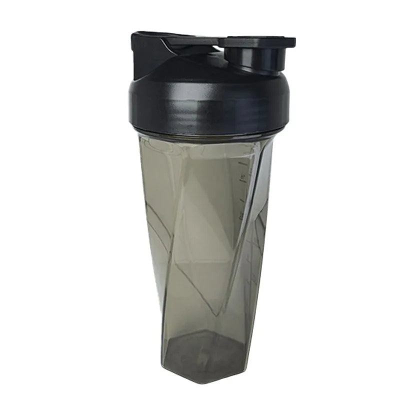 The Vortex Mixer Shaker Bottle for Protein Shakes is a high-quality PC sports water bottle with a black and transparent angular design, flip-top lid, and chemical-free construction—perfect for the gym. Made in Mainland China.