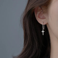 Silver Cross Dangle Drop Earrings