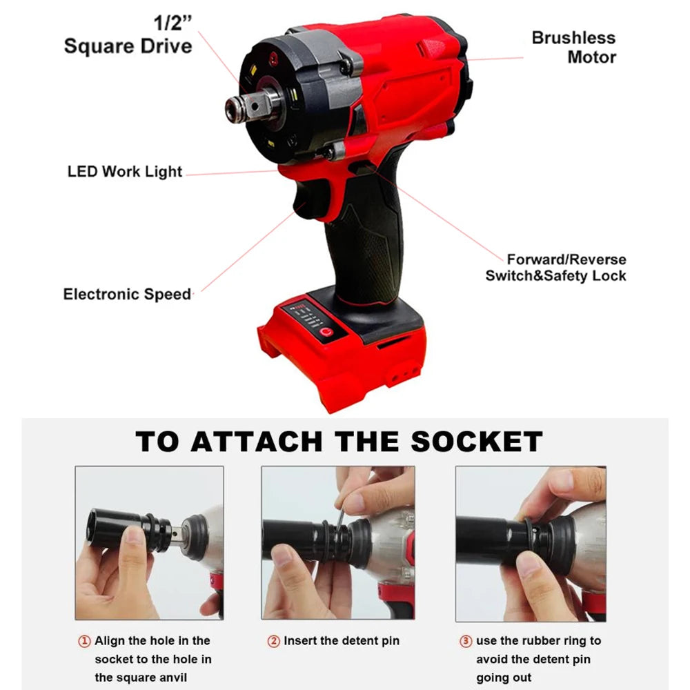 The Brushless Impac Wrench 500N.m Electric Driver 1/2" fits Milwaukee 18V batteries, features a brushless motor, LED light, electronic speed control, forward/reverse switch, and includes step-by-step socket attachment images.