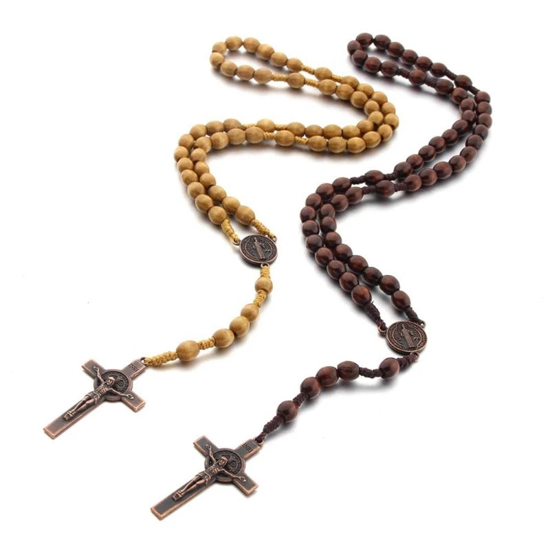 Wooden Rosary Cross Prayer Necklace
