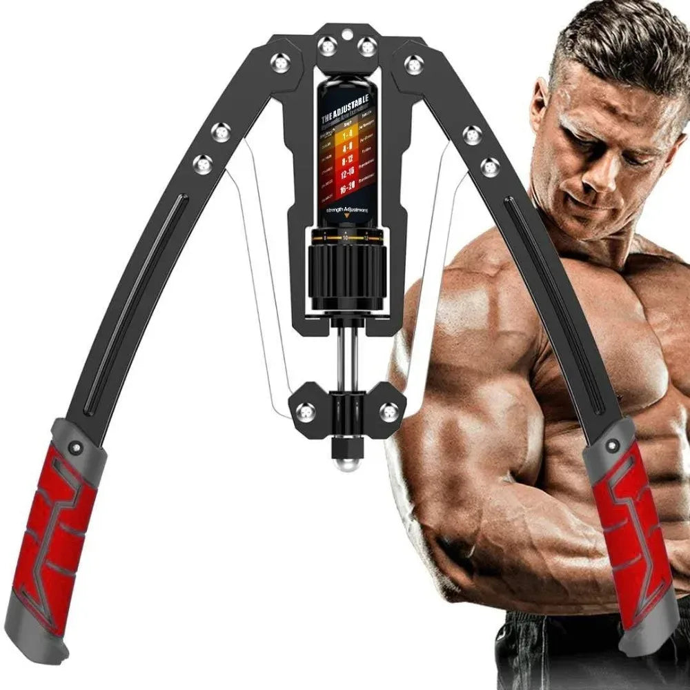 A muscular man looks at the Red Adjustable 22-440lbs Twister Arm Exerciser with hydraulic power, a black and red chest expander for home shoulder and muscle training, shown against a white background.