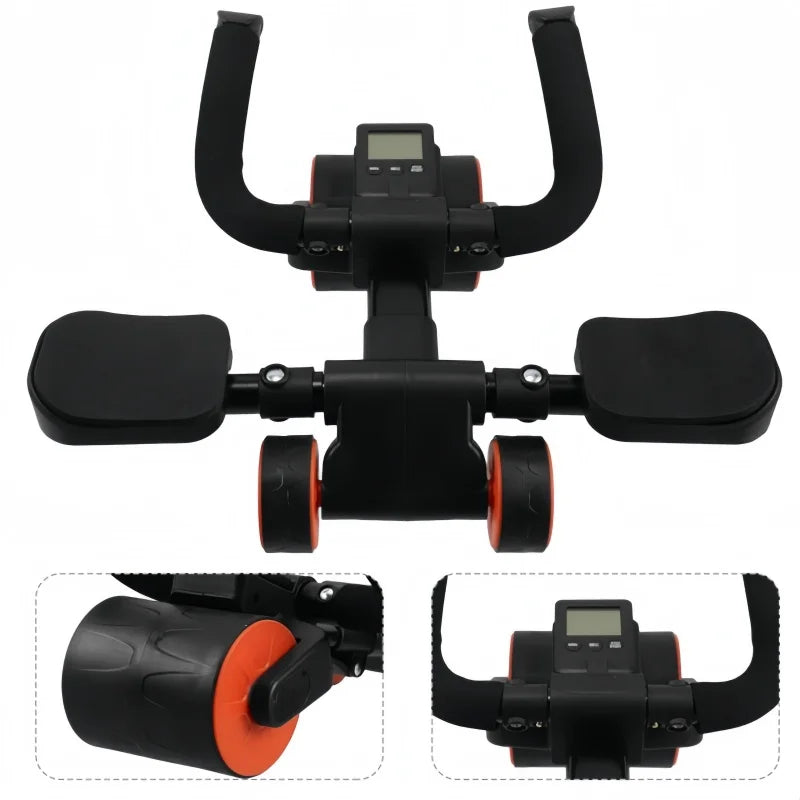 An Adjustable Abs Training Roller Multifunctional Home Plank Support Abdominal Fitness Wheel in black and orange features padded armrests, footrests, a digital display, and wheels—ideal for strength training routines. Inset images show the wheel and front view.