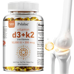 A bottle of Vitamin D3+K2 Softgels is shown beside a digital image of a highlighted knee joint and capsules, suggesting benefits for bone, heart, immune system health, and improved calcium metabolism.