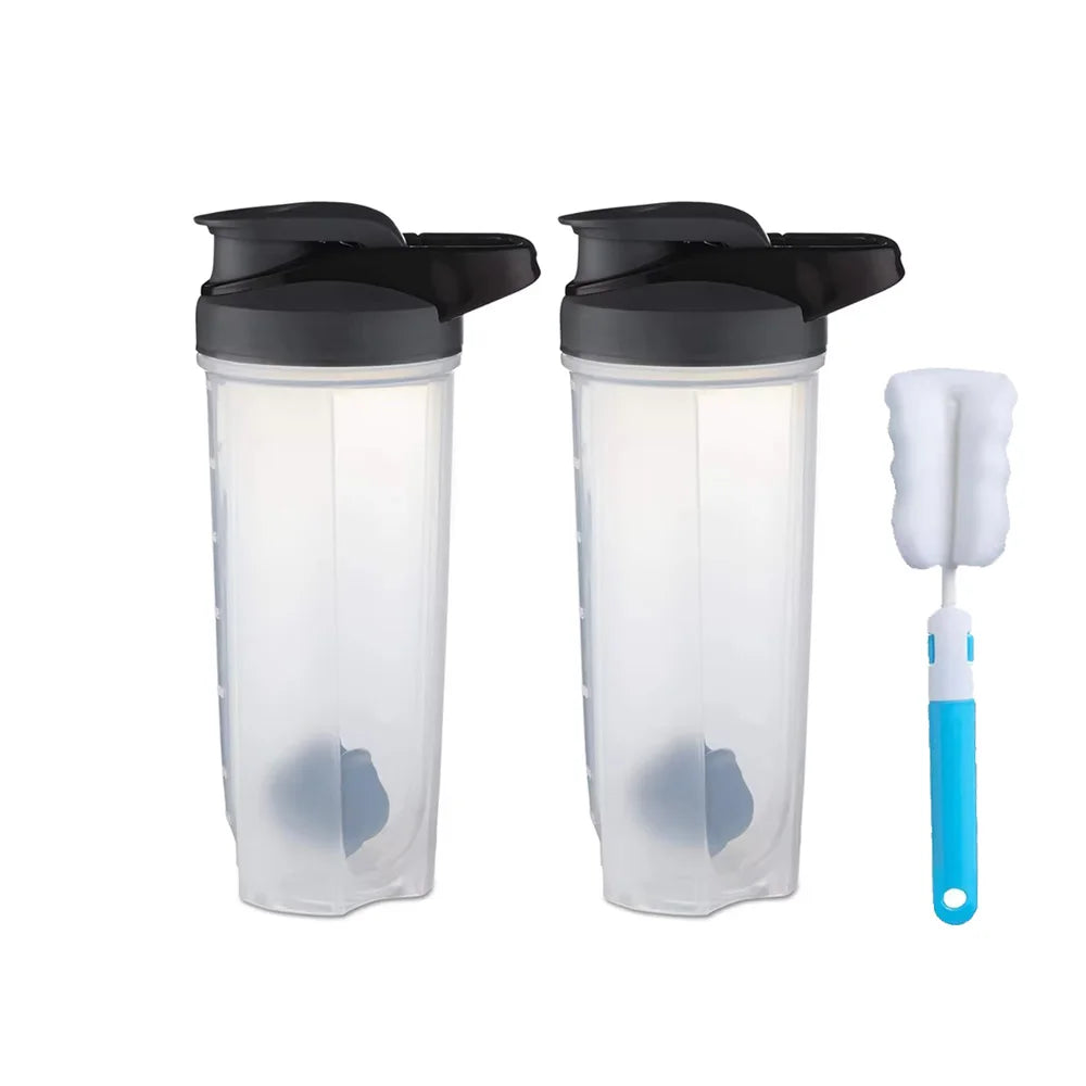 Two FEB.WIND 28 oz shaker bottles for protein shakes with black lids are side by side. A blue and white, chemical-free bottle cleaning brush with a sponge head is next to them. Shaker cups feature a ball blender whisk and handle. Made in Mainland China.