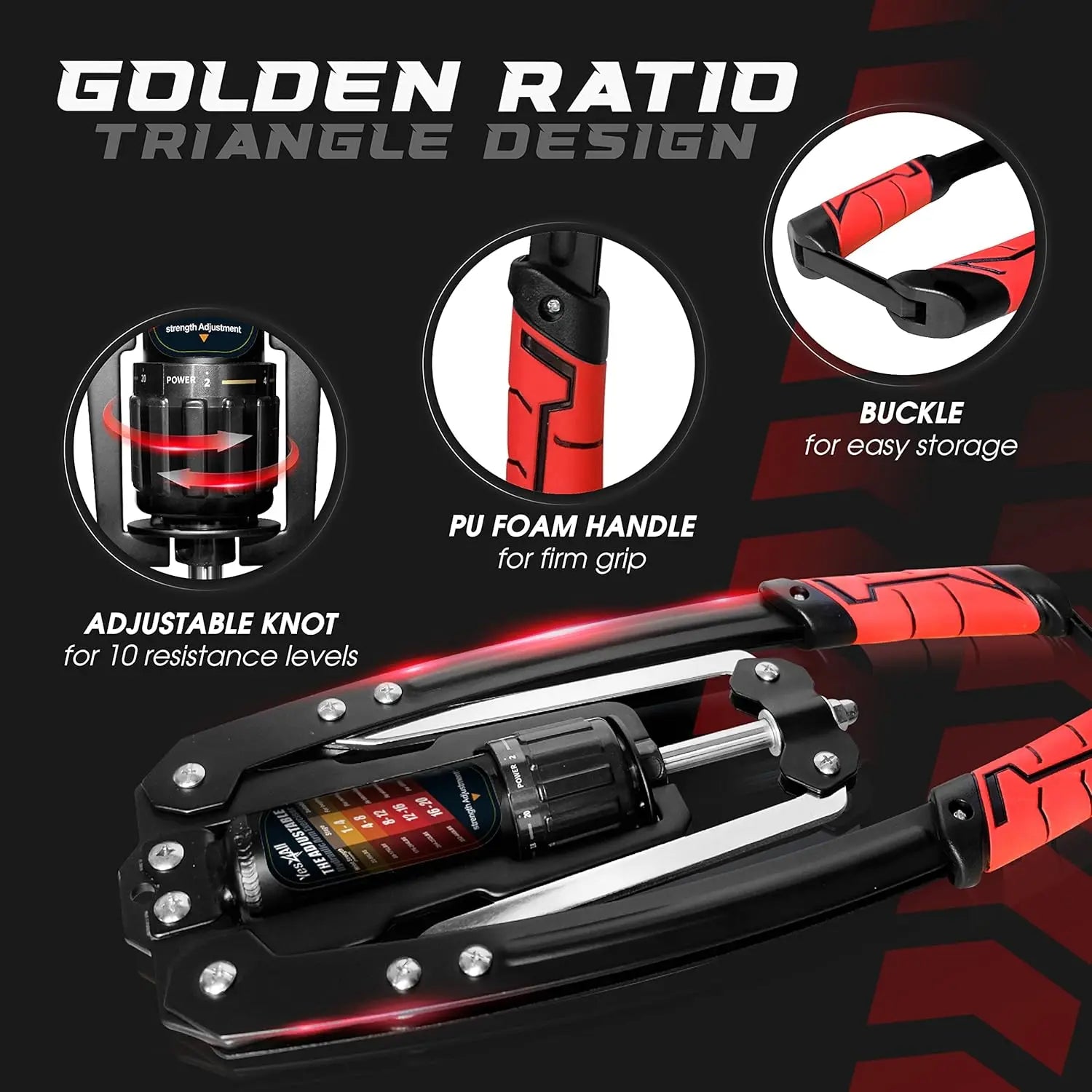 The Wrist and Forearm Blaster Roller for Training fits standard & Olympic weight plates, with a golden ratio triangle design, PU foam handle, 10-level adjustable knot, storage buckle, and close-up highlights on a bold black/red background.
