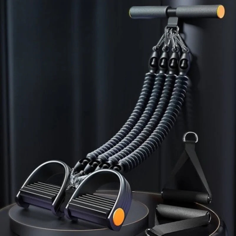 The Pedal Tension Rope Abdominal Strength Elastic Rope features black handles, foot pedals, and yellow accents. This multi-functional fitness resistance band is ideal for home workouts, muscle relaxation, or exercise routines.