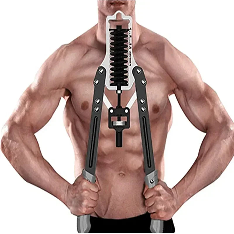 A shirtless, muscular person demonstrates the Hydraulic Arm Strength Trainer Adjustable Multi-Function Training Strength Chest Muscle Arm Bar Exercise Fitness Equipment by gripping its handles at chest level.