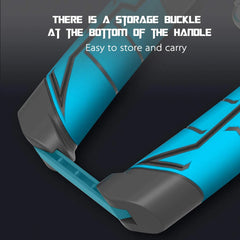 Close-up of the blue and gray handle with a storage buckle at the bottom of the Adjustable Hydraulic Power Twister Arm Forearm Exerciser. White text reads: There is a storage buckle at the bottom of the handle. Easy to store and carry.