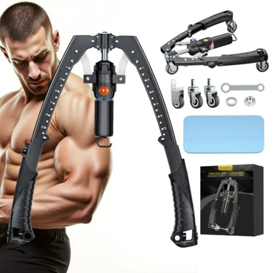A muscular man flexes beside the Twister Arm Trainer 3 in 1—hydraulic power chest workout equipment with ab roller wheels, hooks, adjustable 22-440lbs arm trainer, assembly parts, blue pad, and black carrying case on a white background.