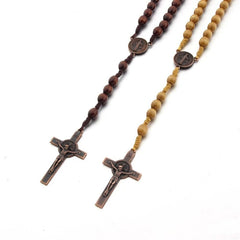 Wooden Rosary Cross Prayer Necklace