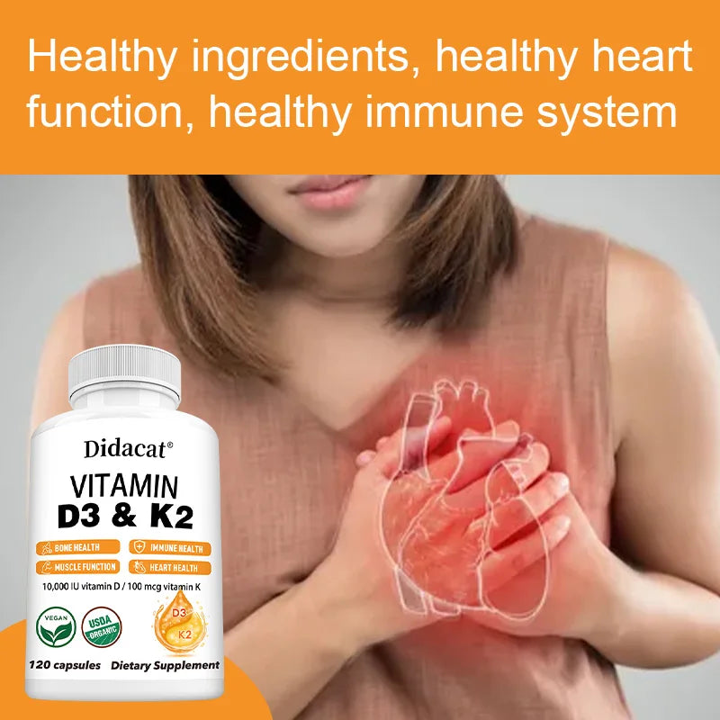 A woman holds her chest over a heart graphic with the text, “Healthy ingredients, healthy heart function, healthy immune system.” In the foreground is Didacat Vitamin D3+K2 Supplement 10000IU for bone, heart, muscle & immune support.