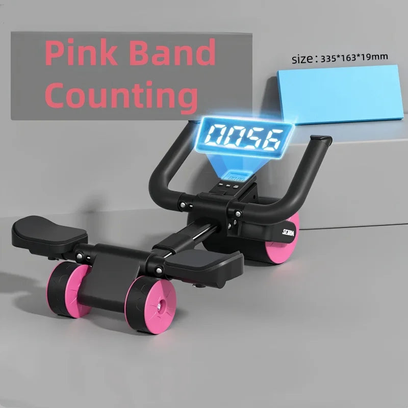 Black and pink Adjustable Abs Training Roller Multifunctional Home Plank Support Abdominal Fitness Wheel with digital counter, shown on a light blue surface. "Pink Band Counting" and dimensions 335*163*19mm—ideal for waist & abdomen exercise.