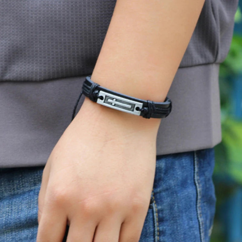 Vintage Cross Leather Rope Bracelet