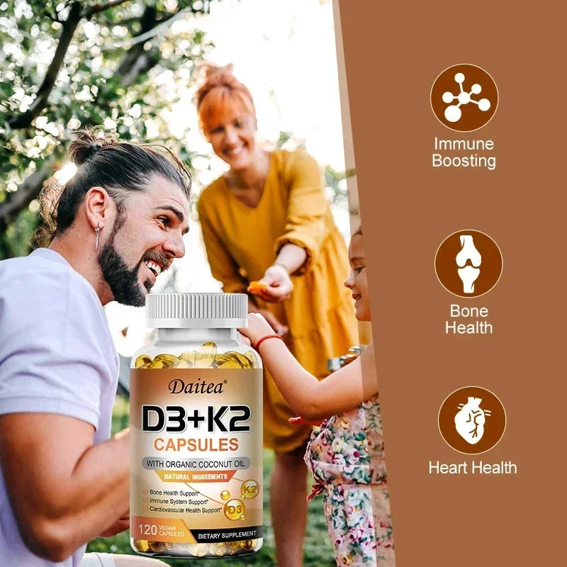 A man and woman smile outdoors with a child, next to Vegan Vitamin D3 K2 Capsules with organic coconut oil. Text highlights the supplement's immune system and bone health benefits. Gluten & soy free.