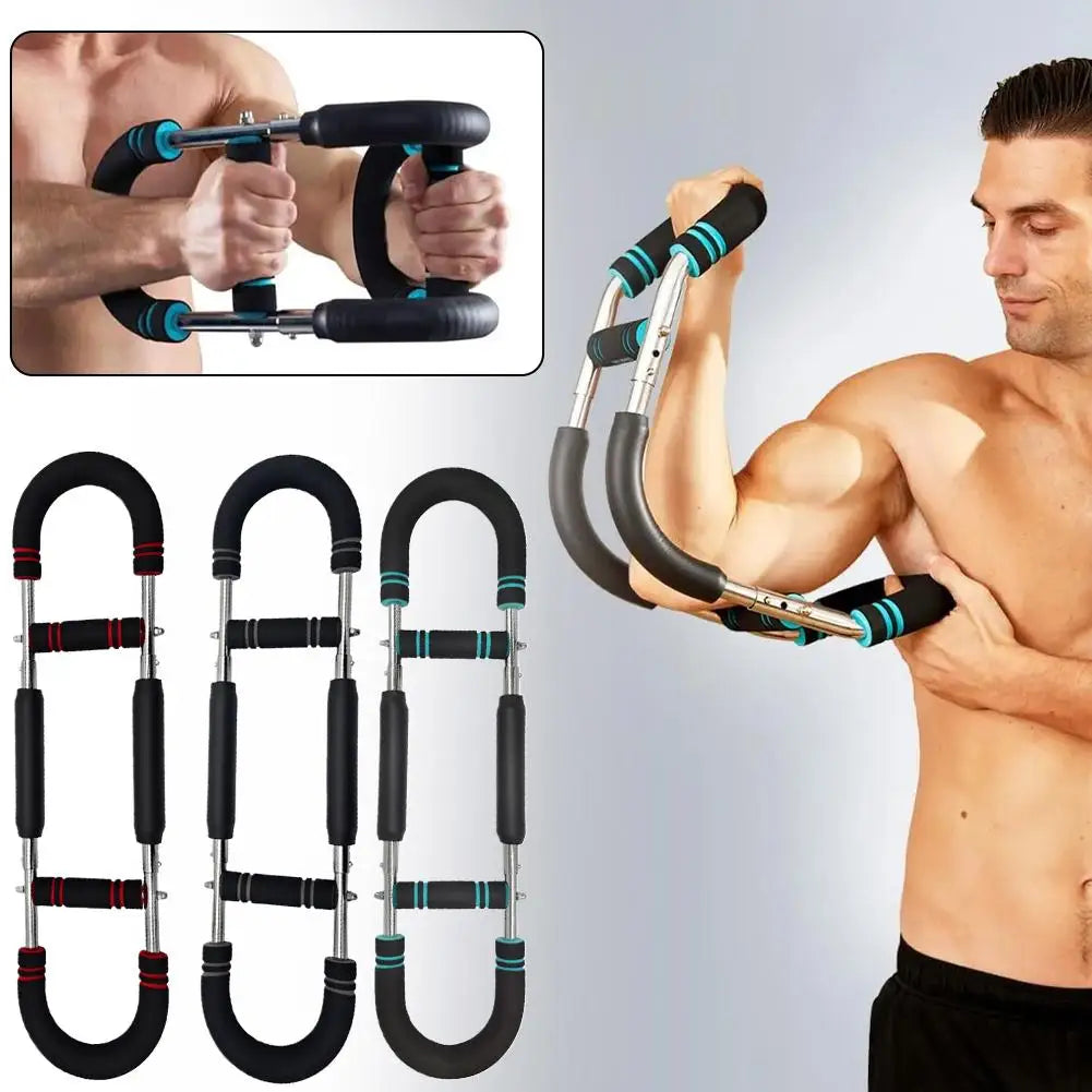 A man uses the Twister Arm Exerciser (20kg/30kg/40kg/50kg adjustable), featuring padded grips for strength training. Three color options are displayed, with an inset close-up of the exerciser being squeezed.