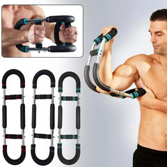 A man uses the Twister Arm Exerciser (20kg/30kg/40kg/50kg adjustable), featuring padded grips for strength training. Three color options are displayed, with an inset close-up of the exerciser being squeezed.
