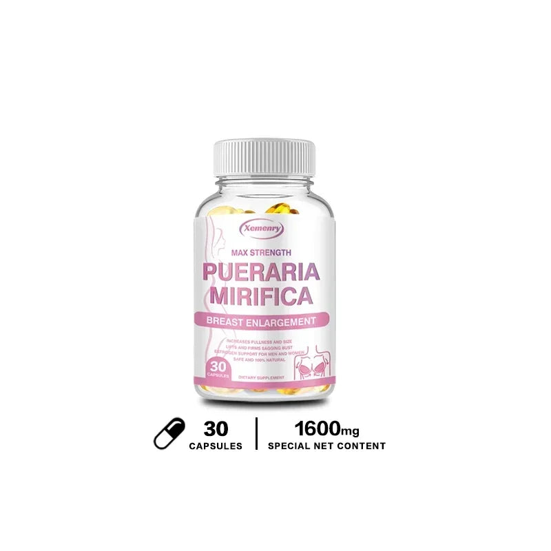 A bottle of PUERARIA MIRIFICA - Breast Supplement To Support Bigger, Rounder, Firmer Breasts is shown, containing 30 unisex capsules (1600mg). The label is pink and white with a capsule icon below the bottle.