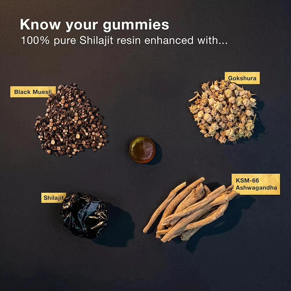 Gomitas de Shilajit Puro del Himalaya, 3000 mg de Shilajit de Grado Dorado con Ashwagandha y Gokshura para fortalecer el sistema inmunitario y aumentar la energía.