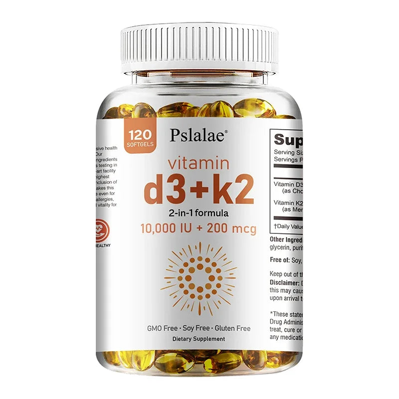 A clear bottle labeled "Vitamin D3 10000 IU with K2 200 Mcg, 120 Soft-Gels | 2 in 1 Immune Support, Healthy Muscle Function and Bone Health," highlighting its GMO free, soy free, and gluten free formula.