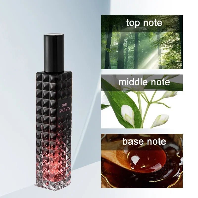Miss Adventure Donna Perfume bottle features black and red tones. Beside it: scent notes—top (forest), middle (white flowers & leaves), and base (rich brown liquid). This floral fruity fragrance blends rose and jasmine for a lasting, fresh daytime scent.