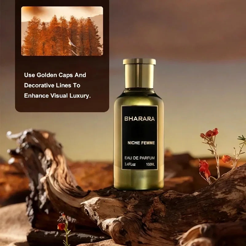 A gold-capped C2U Bharara King Eau De Parfum 100ML for men sits on driftwood, with small flowers and a golden desert-like background. Text highlights its elegant golden cap and decorative lines. Comes sealed in a high-end gift box.