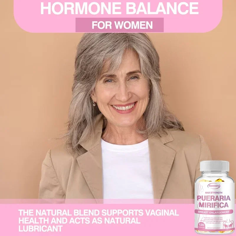 Smiling older woman with gray hair in a beige blazer promotes PUERARIA MIRIFICA capsules for supporting bigger, rounder, firmer breasts. Text highlights benefits for breast enhancement and natural feminine support.