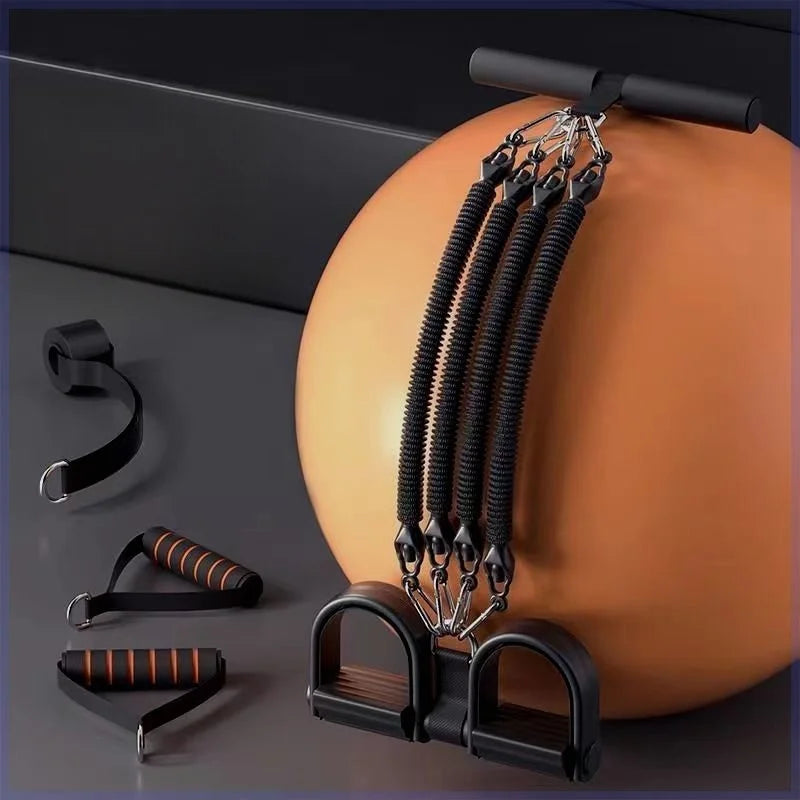 The Pedal Tension Rope Abdominal Strength Elastic Rope features an orange exercise ball, black resistance bands with handles, and a pedal tension rope, all designed for multi-functional home fitness and strength training.