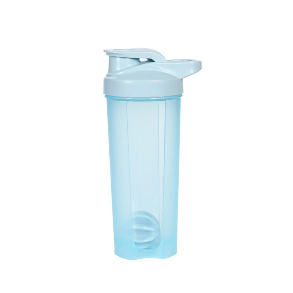 A FEB.WIND 28 oz light blue plastic shaker bottle for protein shakes with a flip-top lid, handle, and mixing ball whisk, chemical-free and made in Mainland China, is shown against a plain white background.