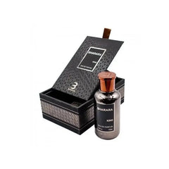 A 3.4-ounce bottle of Bharara Men's Eau de Parfum stands before an open, textured black box with silver accents and a brown pull tab, the propped lid elegantly displaying the brand name — a perfect holiday gift.
