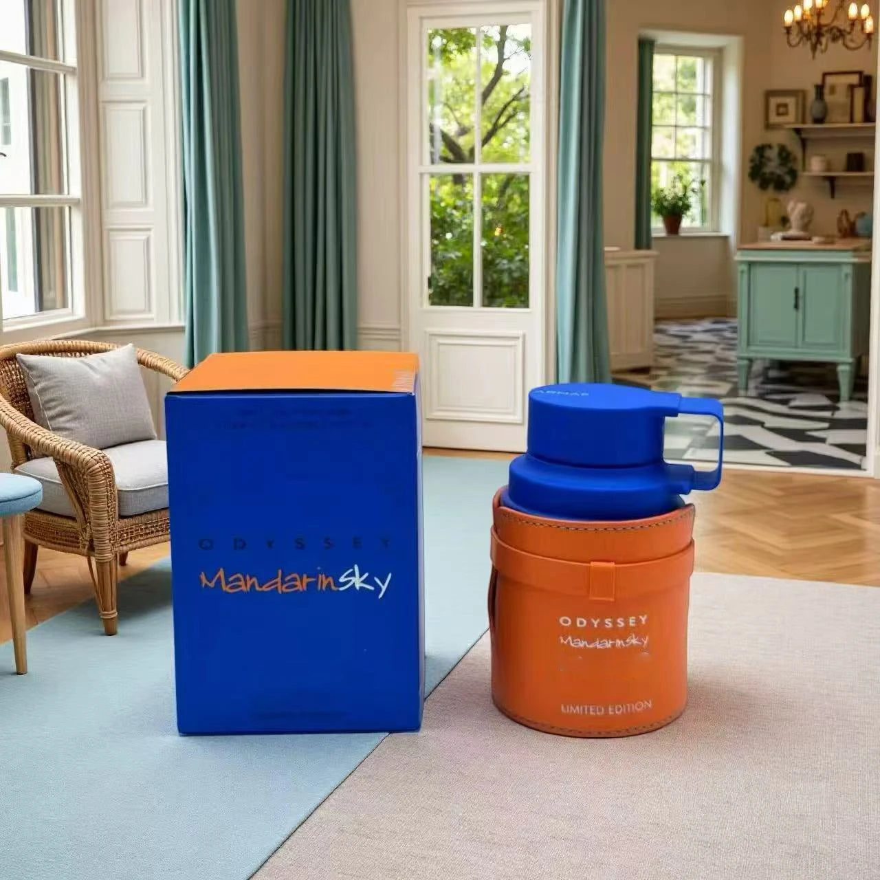 The Armaf Odyssey Unisex Perfume Spray, Mandarin Sky Elixir Limited Edition (3.4 oz) in an orange and blue bottle is displayed beside its matching blue box in a modern living room with large windows and cozy furniture.