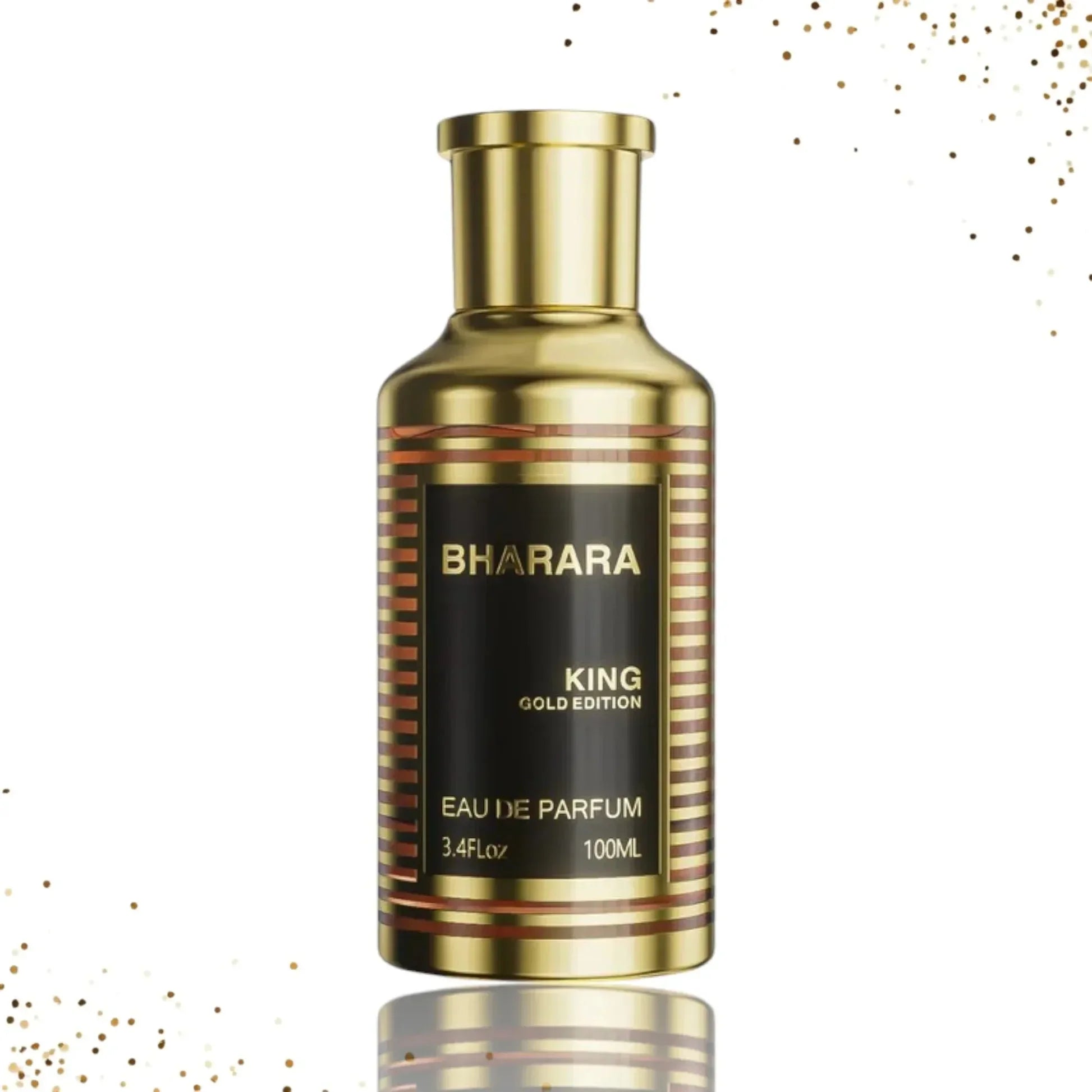 A 100 ml Bharara King Gold Edition Eau de Parfum, inspired by elite gourmand classics, in a gold bottle with black-and-gold labeling against a white background with gold splatters—crafted for long-lasting luxury and distinction.