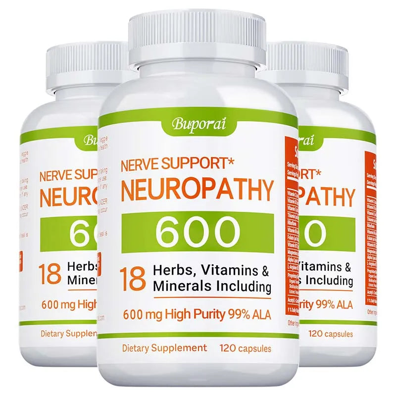 Three white bottles of "Neuropathy Support Supplement 600mg" with green and orange accents, each containing 120 capsules to support the nervous system, relieve stress, promote brain function, and boost energy.
