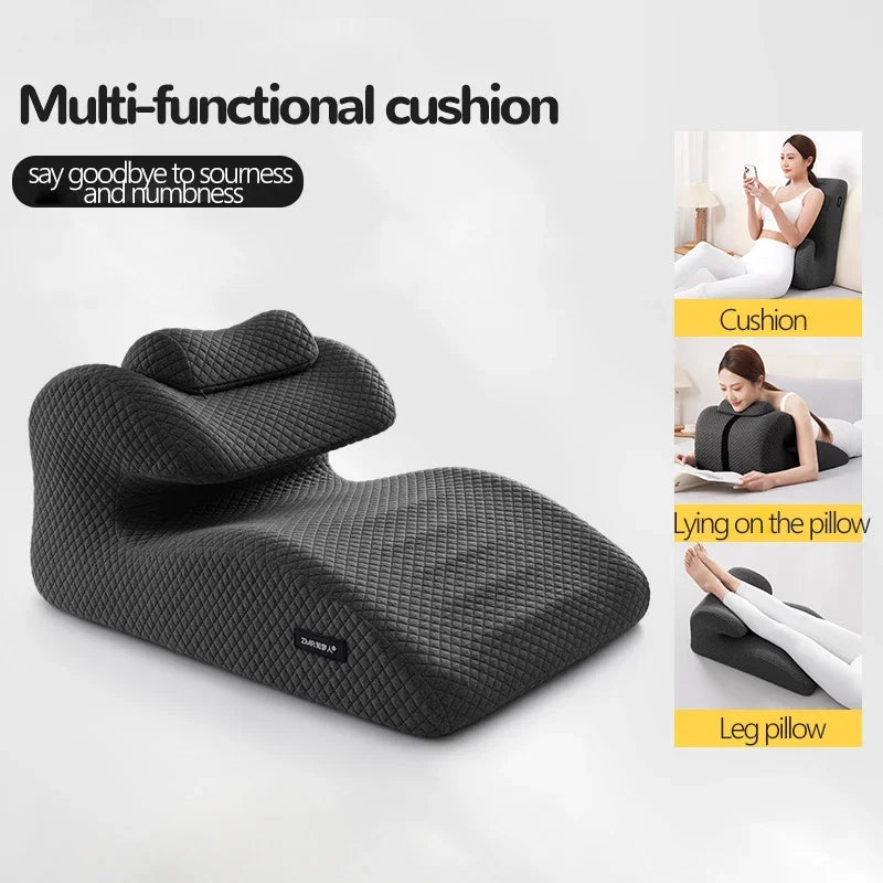The New Butt Cushion Multifunctional Prone Position Lie Pillow features a unique curved design and headrest in black memory foam, supporting sitting, lying, and leg elevation. Side images show use as a lumbar support for comfort and relaxation.