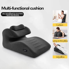The New Butt Cushion Multifunctional Prone Position Lie Pillow features a unique curved design and headrest in black memory foam, supporting sitting, lying, and leg elevation. Side images show use as a lumbar support for comfort and relaxation.