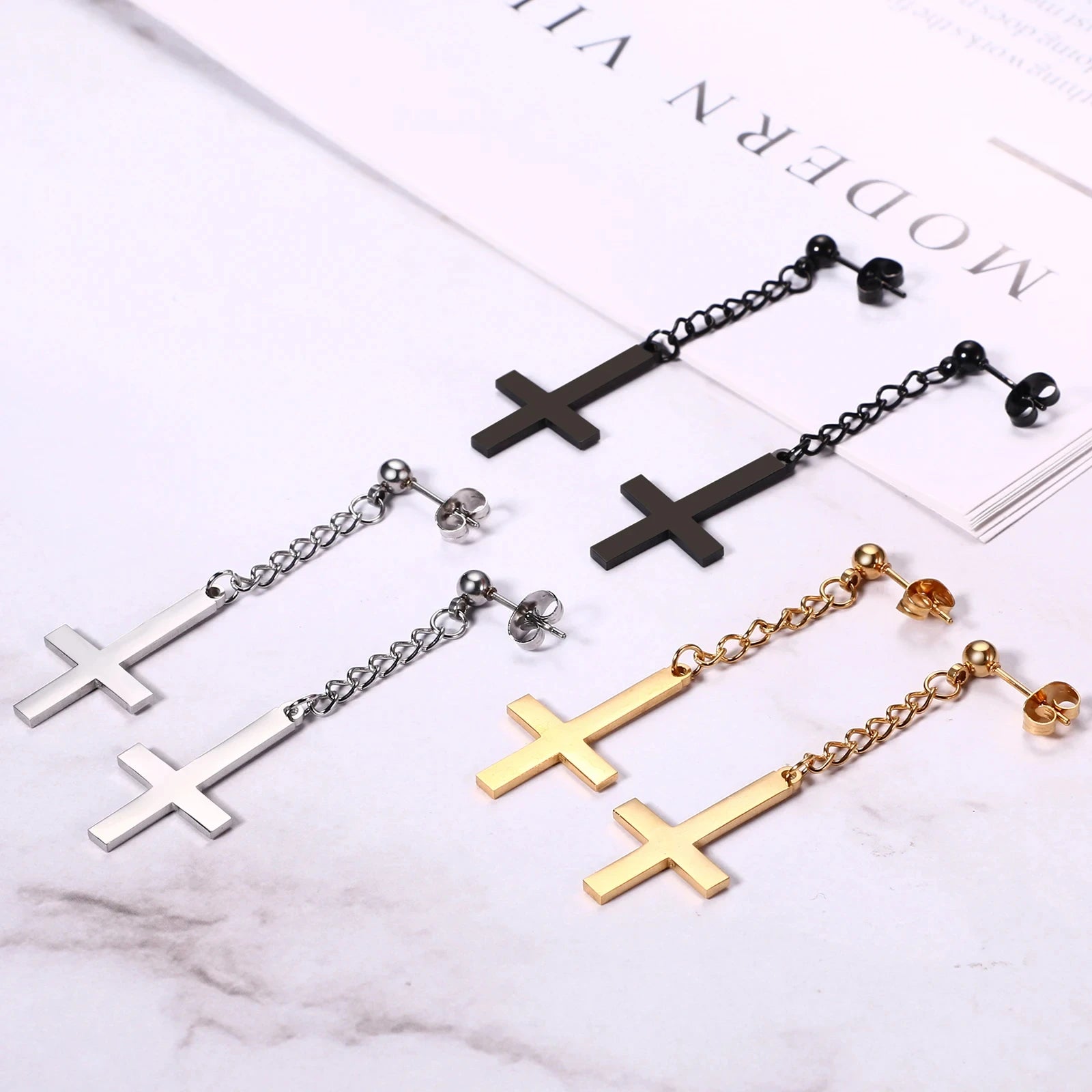 Stainless Steel Inverted Cross Stud Earrings