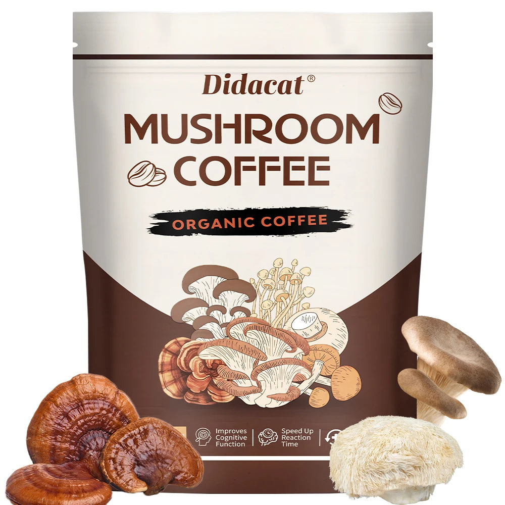 A bag labeled Mushroom Coffee - Organic Coffee, Lion's Mane, Chaga, Cordyceps, Reishi, Shiitake shows illustrated mushrooms. Whole reishi and lion’s mane are in front. This unisex mushroom powder supports cognitive and reaction time benefits.