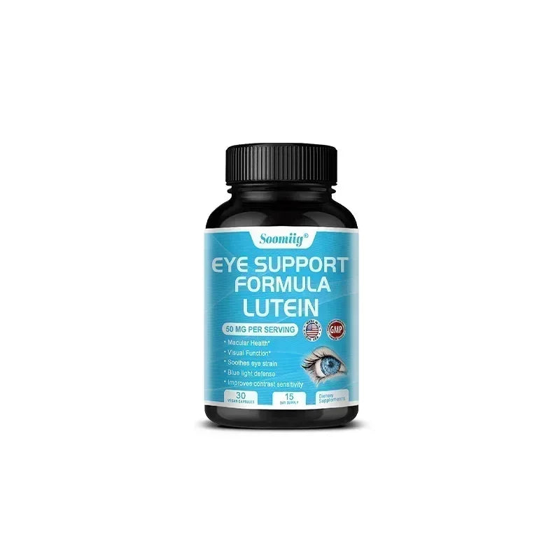 A black bottle labeled Lutein Capsules features an eye graphic and highlights benefits like maintaining healthy vision, improving eye edema, promoting visual function, protecting the retina, and contains Zeaxanthin; 30 capsules per bottle.