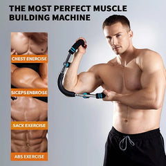A muscular man uses the Adjustable Resistance Stainless Steel Chest And Arm Trainer, perfect for upper body strength training. Target areas: chest, biceps, sides, and abs. Text: The most perfect muscle building machine. Four muscle group images shown left.