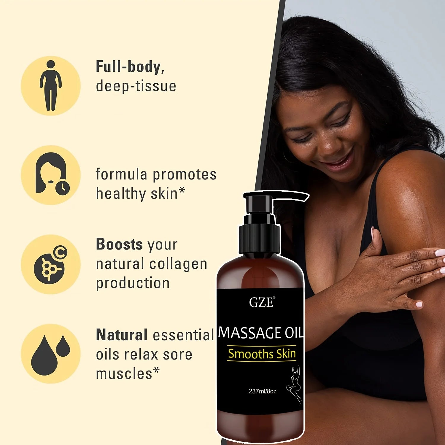 A woman applies GZE Body Smooths Skin Massage Oil Infused with Collagen and Stem Cell, smiling as icons show its full-body deep-tissue use, healthy skin support, boosted collagen, and muscle relaxation benefits.